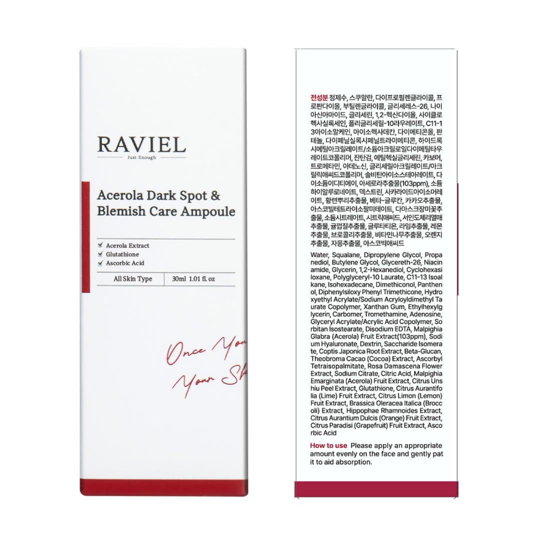RAVIEL Acerola Dark Spot & Blemish Care Ampoule – Vitamin C Serum 30ml (1.01 fl oz)
