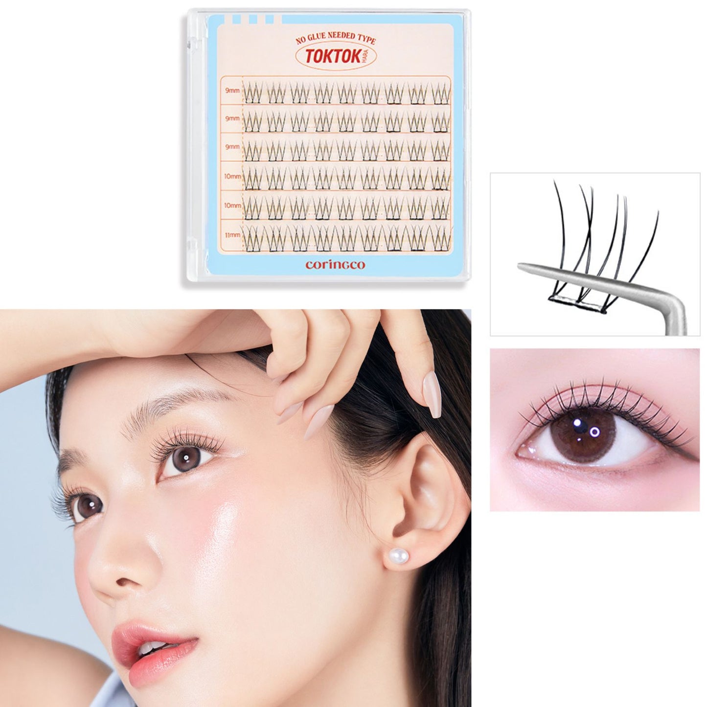 CORINGCO Self Adhesive False Eyelashes, Natural Look, No Glue Needed, Assorted Set of 9/10/11mm, Reusable Lash Clusters Kbeauty