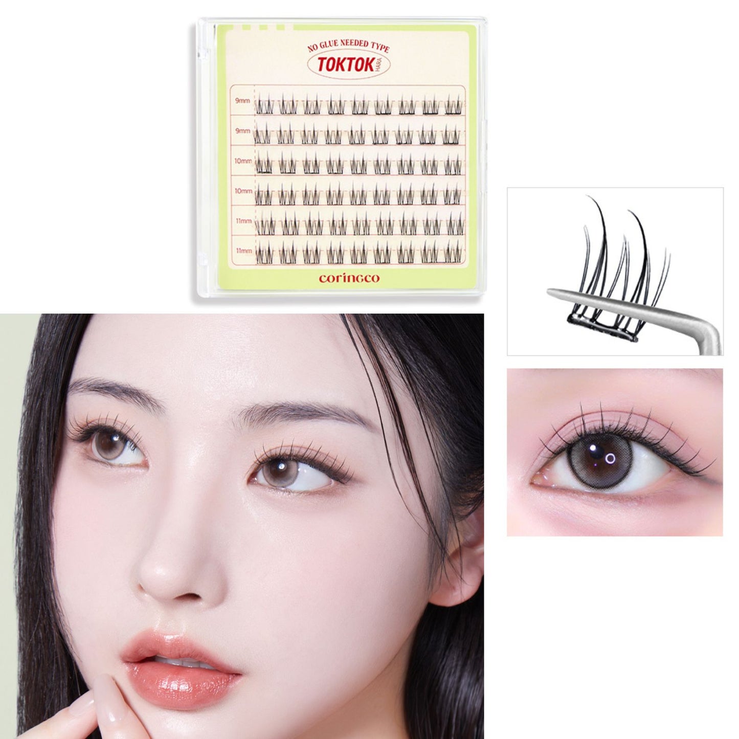 CORINGCO Self Adhesive False Eyelashes, Natural Look, No Glue Needed, Assorted Set of 9/10/11mm, Reusable Lash Clusters Kbeauty