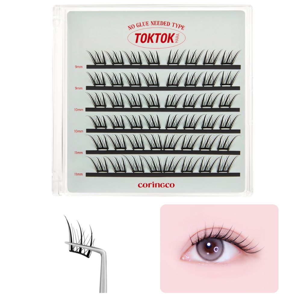 CORINGCO Easycut Self Adhesive False Eyelashes, Natural Look, No Glue Needed, Assorted Set of 9/10/11mm, Reusable Lash Clusters Kbeauty