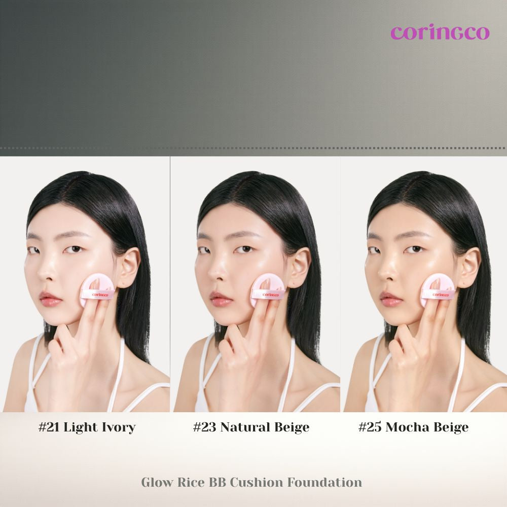 CORINGCO Glow Rice BB Cushion Foundation with Natural Glow, Perfect Coverage, Korean